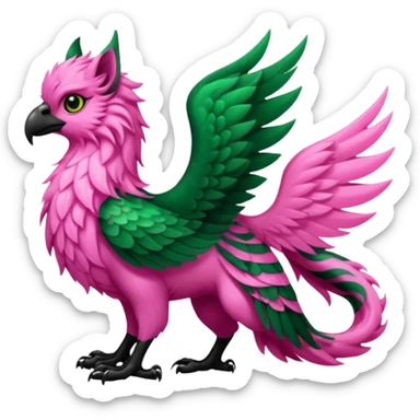 Emerald-green gryphon with a long tufted tail, black beak, pink swirly pattern markings, black claws, black tail, majestic, realistic, furry (full body) sticker