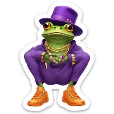 Photo of a frog with purple shoes, gold chain, bracelet and orange hat sticker
