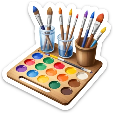art supplies set with brushes, paints, and pencils sticker