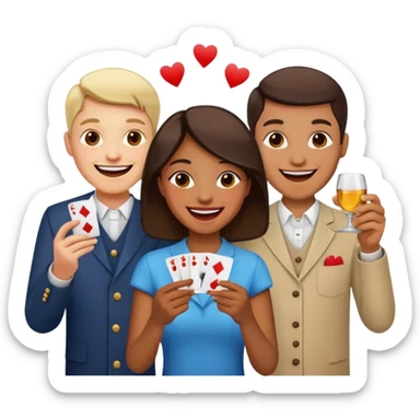 a group laughing, holding cards and shot glasses sticker