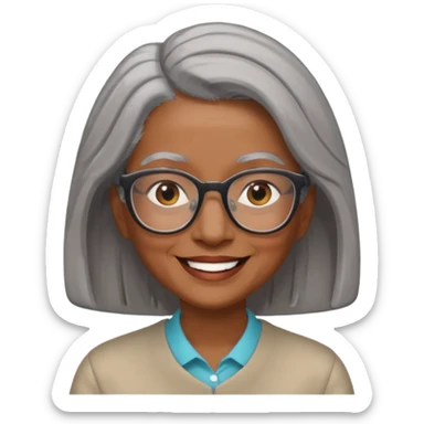 Older woman of color with gray shoulder length  hair and glasses and smiling sticker