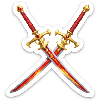 Two crossed swords that are golden in blade and handle and have fiery and royal appearence to them as well as red gem stones yellow in color sticker