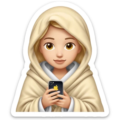 woman in cozy blanket with iPhone, iPhone style emoji, highly detailed, hyper-realistic, smooth shading, natural lighting sticker