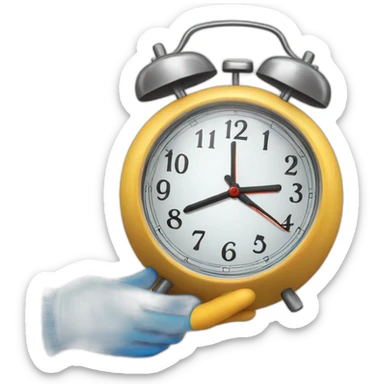a hand wearing a blue latex glove holding an alarm clock sticker