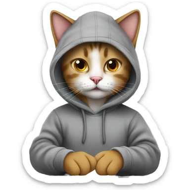cat is a graphic designer in a hoodie and headphones, working at a computer in photoshop sticker