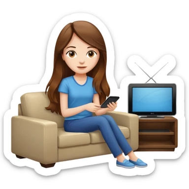 beautiful girl with long brown hair constructing new lounge room area with flat screen tv and couch sticker