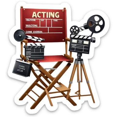 Icon for Acting: a theatrical mask, stage lights, a director’s chair, a script, a movie camera and a clapperboard, representing the craft of acting in theater and film. Famous actor-star. The design should reflect creativity, performance, and storytelling. Transparent background. sticker