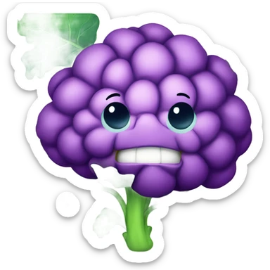 Cheerful purple cauliflower with vibrant green leaves, a cute face with big expressive eyes and a friendly smile, styled in a cartoonish and playful design. sticker