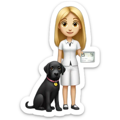 girl in white shirt with black labrador holding a cheque with "100,-" sticker