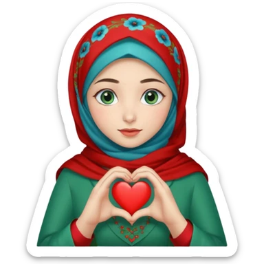 Turkish beautiful finish Konya girl blue eyes with poppy floral hijab and green red dress and she make heart with hands sticker