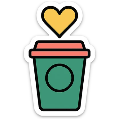 minimalist icon of a coffee cup with heart-shaped steam, inspired by Starbucks, representing love for coffee sticker