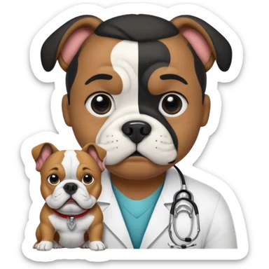 joven médico con el pelo un poco largo pero no tanto y lacio, que tenga un estetoscopio de color de piel tez negra calida !!! que sostiene un bulldog francés blanco y negro  sticker