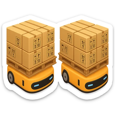 Two Automated Guided Vehicles (AGVs) side by side viewed from above, each carrying fully loaded pallets with many boxes. There is a clear line running in the middle between the AGVs. The style should resemble Apple emoji style with a transparent background. sticker