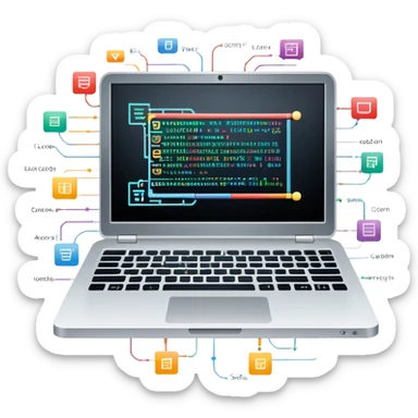 An icon featuring a laptop screen with colorful lines of code, brackets, and a blinking cursor, symbolizing programming. The design includes flowcharts, gear icons, and binary code, representing software development and logical problem-solving. Transparent background highlights the world of coding. sticker