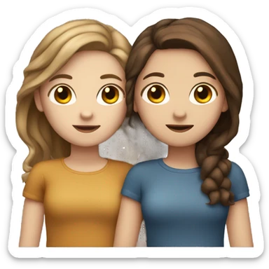 Two girls with white skin hugging each other one has wavy brown hair and the other has straight brown hair sticker
