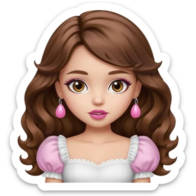 generate a pretty bratz girl with in a white puff sleeve top. Pink lipgloss. Brown wavy hair long.  sticker