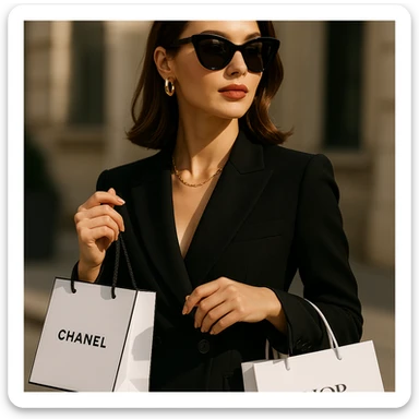 A stylish woman with Chanel and Dior bags, exuding elegance and luxury, modern fashion vibe. sticker