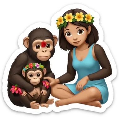 un chiomapnze sentado en el suelo al lado de una mujer sticker