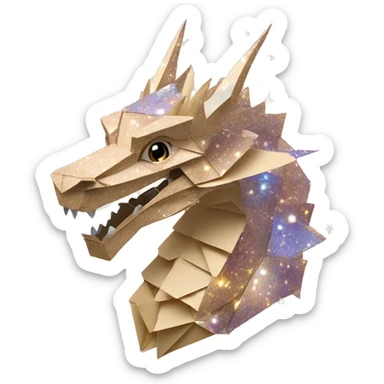 Sparkling patterned Beige Origami dragon with a dried flower crown made of newspapers intricate patterns surrounded by fairy lights nebula galaxy stars swirls iridescent holographic  sticker