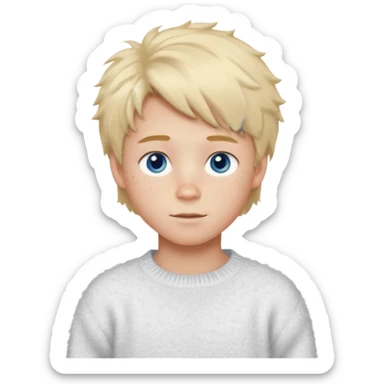 create-a-look-for-a-blond-boy-with-long-tousled-hair-light-eyes-a-white-sweat + fluffy white sweater + styled hair blonde with hair to the side cute + cute face with freckles  medium hair fluffy to the side no long hair cute hair blonded no messy medium height blue eyes cute sticker