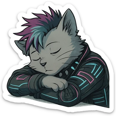  a anthro cat laying down his head to nap, punk gothic style, futuristic cyberwave cyberpunk, resting his head on his arms, head tilted sideways, light gray cata sticker