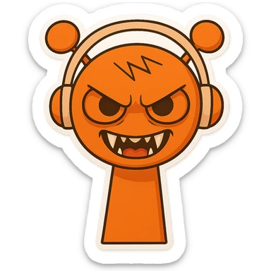 Change the orange character with headphones to a scary expression, with furrowed brows, fangs, and a sinister grin. Keep the transparent background. sticker