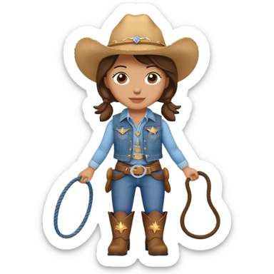 A cuddly cowgirl plush toy with denim vest, cowboy boots and a lasso sticker