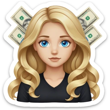 blonde polish girl, long wavy brown to blonde ombré hair in a middle part with money pieces, blue eyes, black shirt  sticker