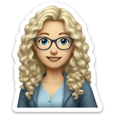 Woman teacher blonde gray long curly hair glasses blue eyes with book sticker