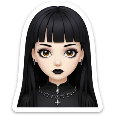 Faça uma moça de cabelo preto e micro micro franja pálida e com maquiagem gótica pesada olhos castanhos escuro  sticker