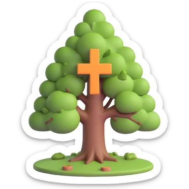 3D illustration of a full color tree with a small red plus sign in the middle, signifying health or hospital sticker