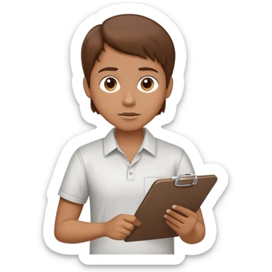 Intern or volunteer with brown hair holding a clipboard and pencil, ready to take notes or assist. The character wears a simple shirt and has an eager posture sticker
