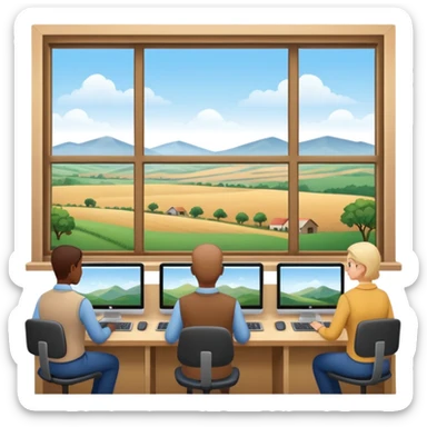Employees of a startup company working on their computers while looking out the window at the rural landscape.  sticker