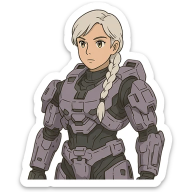 female, wearing reach spartan armor default, long white braid hair, gold yellow eyes, attention pose, halo series, no helmet, the armor is lavender color scheme and has no shoulder pad attachments sticker