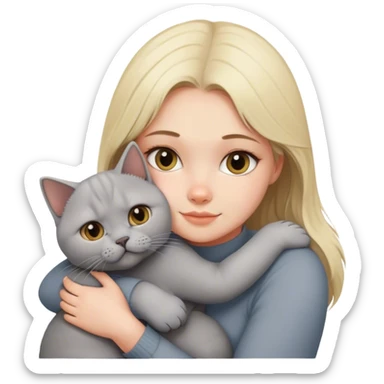 Blonde girl hugging her grey British cat sticker