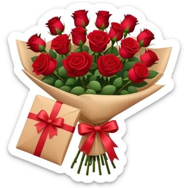 Bouquet of red roses in a burgundy package sticker