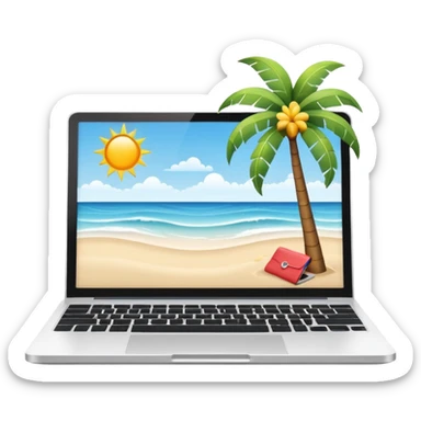A minimalist emoji-style icon representing workation: An open laptop in the foreground on the beach. Background shows sea, sun, and a palm tree. No people, no text, clean and simple design like an emoji. sticker