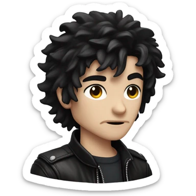 A pale-skinned character with messy black hair, scars, and intense eyes, wearing a black leather jacket and rugged clothes, exuding a dangerous, criminal vibe sticker