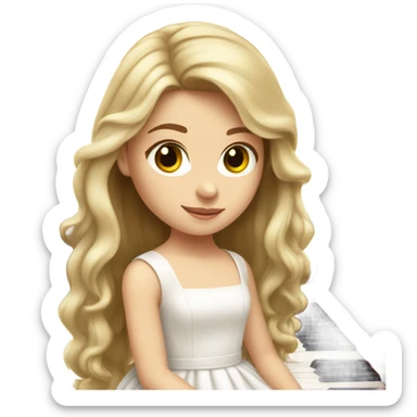 white girl with long hair and white soft dress and hair bow playing piano sticker