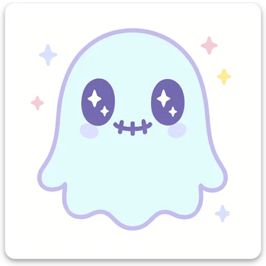 a small ghost with adorable features but dark, stitched mouth, horror-cute style sticker
