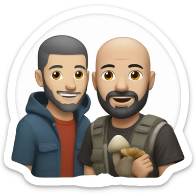 Bald bearded white man and wavy black haired Asian man eating mushrooms sticker