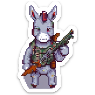 donkey shooting a gun, pixel art style sticker