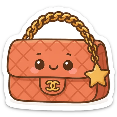 a cute and exaggerated chibi stickers style Chanel purse with a star charm and smiling face sticker