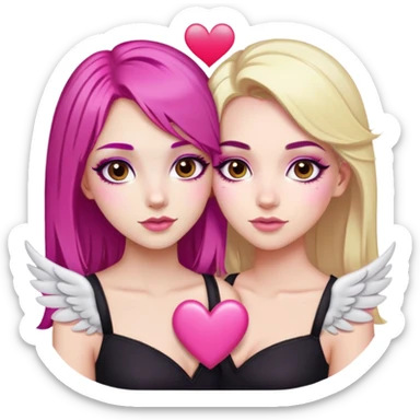 gorgeous pale girl with magenta pink hair and brown eyes winged eyeliner latina makeup next to a gorgeous blonde girl with brown eyes with a pink heart in between sticker
