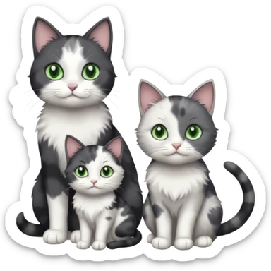 3 different coloured small cats including a dark grey and white, and a patchy calico and a completely solid dark grey with green eyes and only white paws sticker