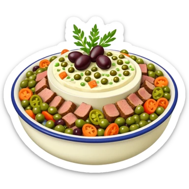 Salată de boeuf: a Romanian festive salad made with finely chopped boiled vegetables, pickles, peas, and beef or chicken, all mixed with mayonnaise and decorated with olives and pickles. sticker