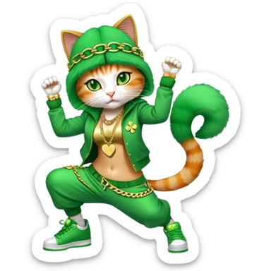 female cat dressed in hip-hop Run DMC style with green outfit, shamrock accessories, gold chains, bling, St. Patrick's Day, break dancing sticker