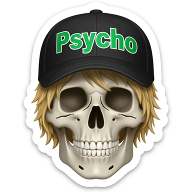 Create a skeleton head wearing a black baseball cap that says " Psycho " in Green, and white lettering, with dirty blonde hair sticker