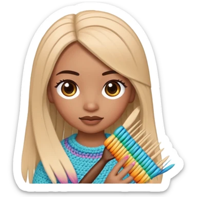 Pegatinas de Mujer con pelo lacio  tejiendo un amigurumi  sticker