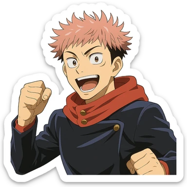 Yuji Itadori from Jujutsu Kaisen, pink hair, school uniform, energetic expression, anime style sticker